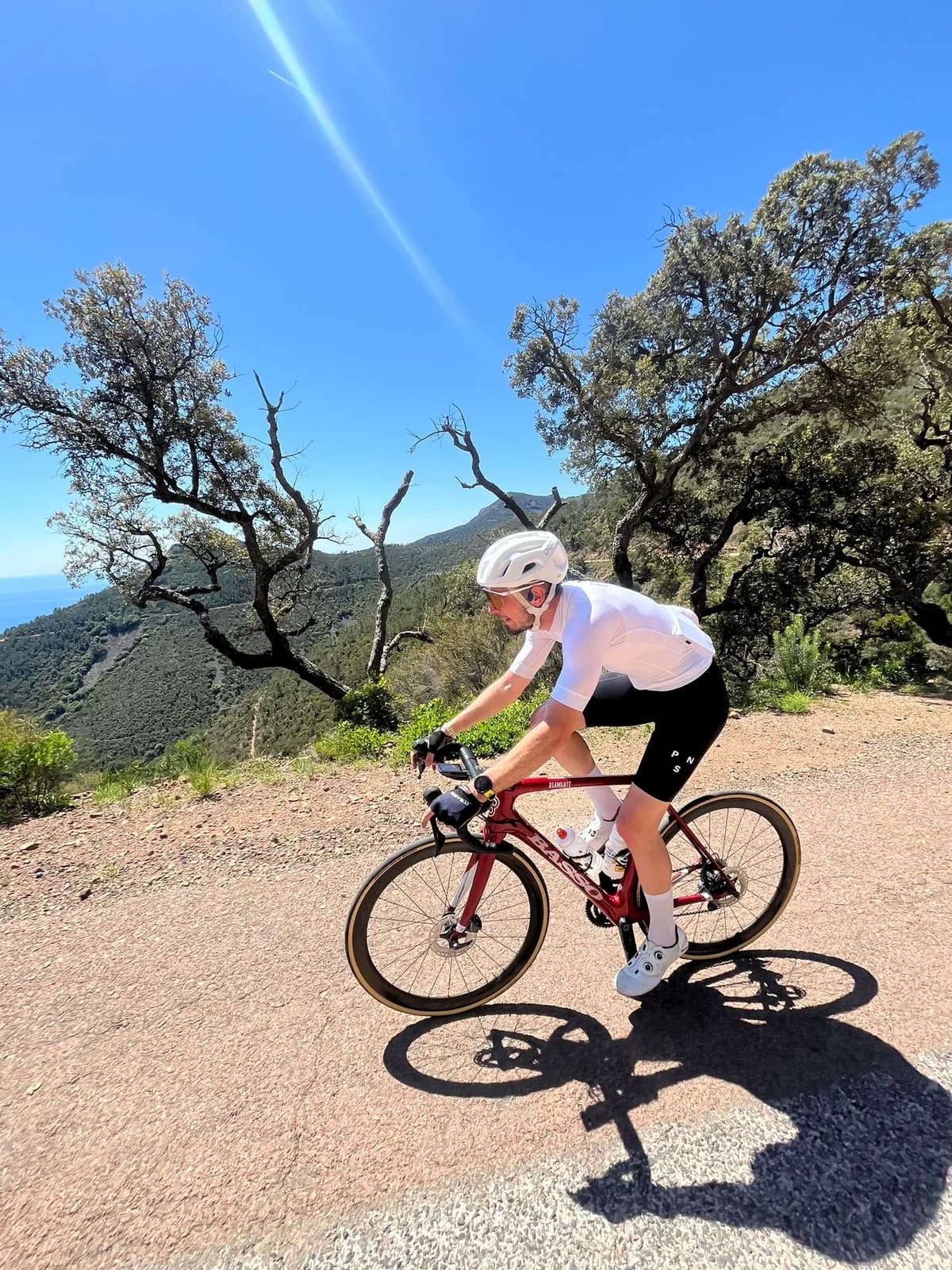 Un cycliste sur une route ensoleillée, entre les arbres et la Méditerranée.